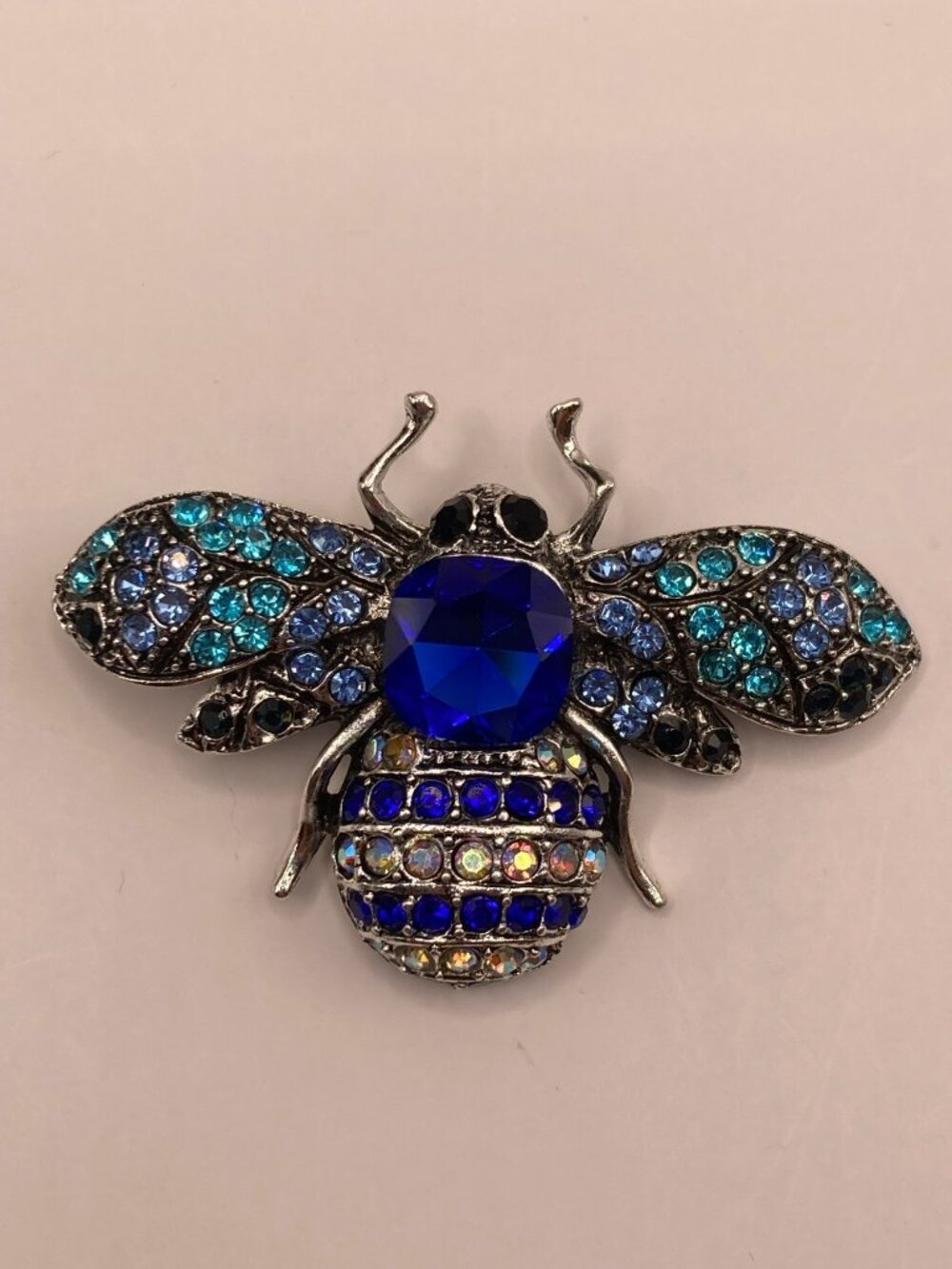Vintage-Style Blue Rhinestone Bee Brooch Pin Multicolor Crystals -88B